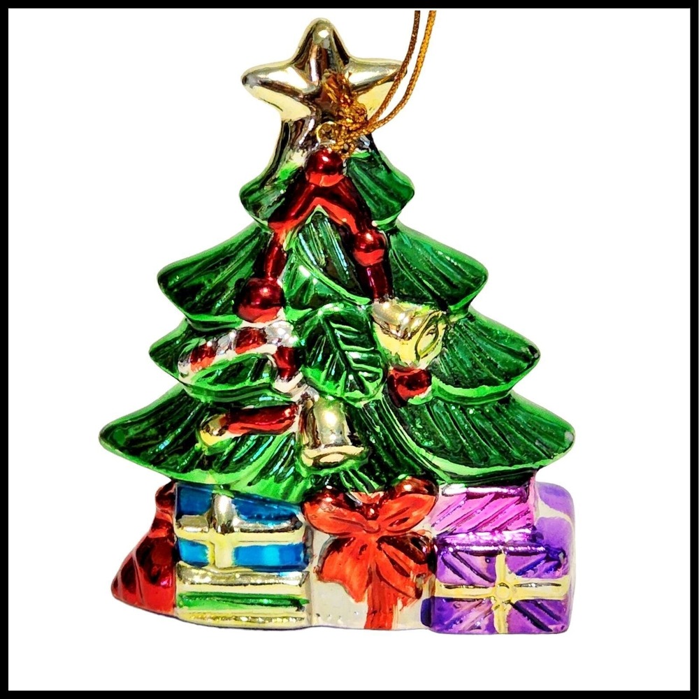 Vintage Ornament Christmas Tree Ceramic Blazed Bright color Green Red Gold
